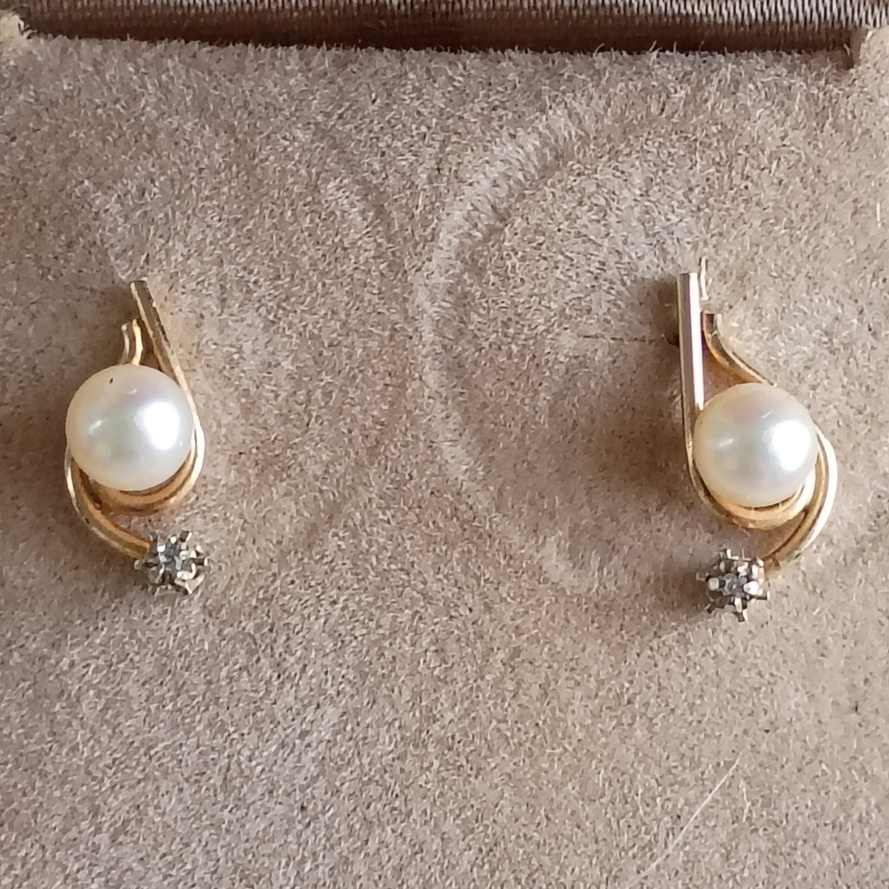 Mikimoto Gold and Pearl Earrings with Diamond Accent